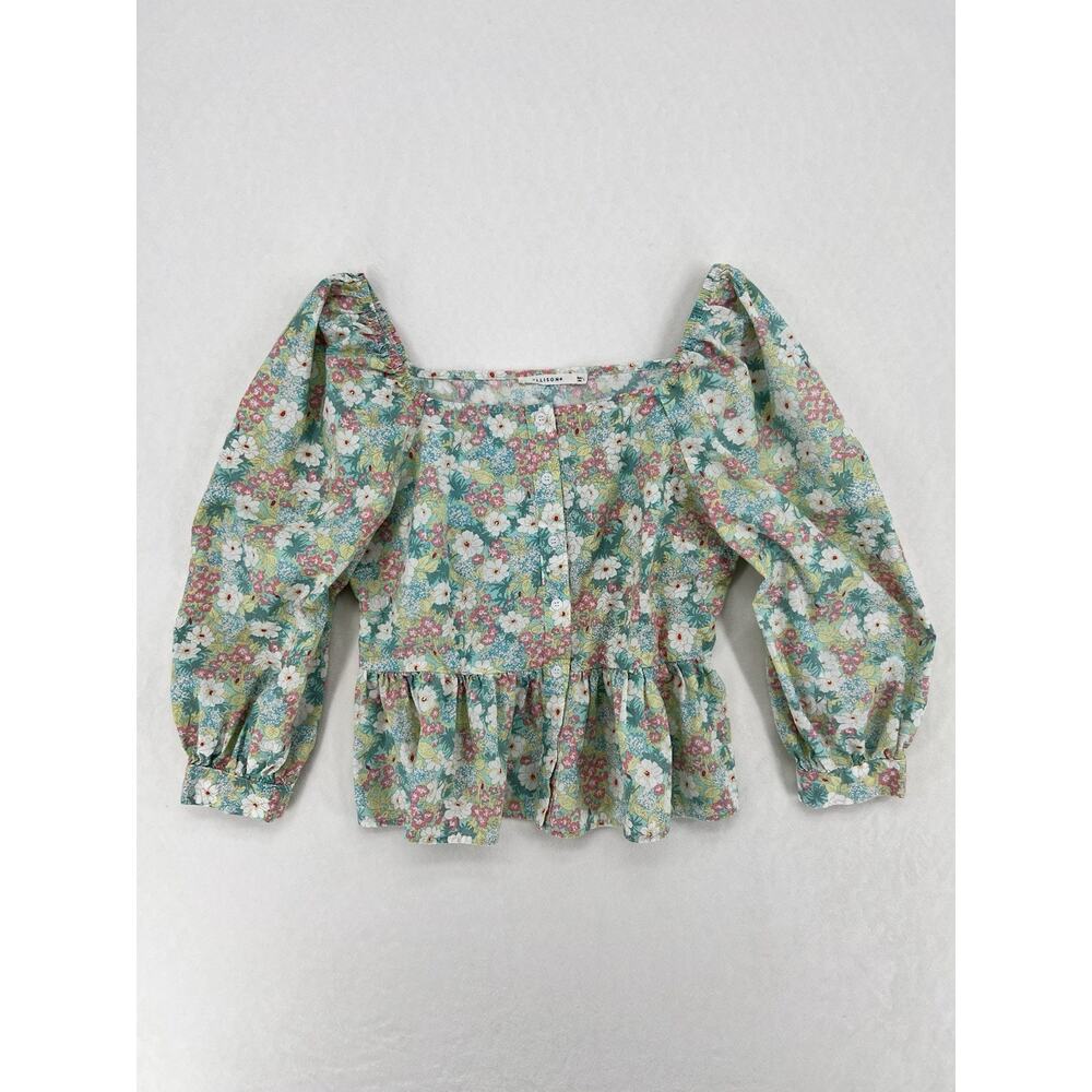Ellison Floral Peplum Blouse Womens Large Cottagecore Puff Sleeve Boho Top